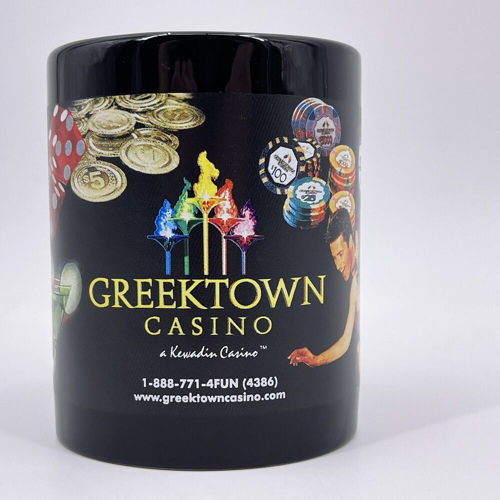 Greektown Casino Coffee Mug w Die Spinner Handle Gambling Slots Poker Chips Dice